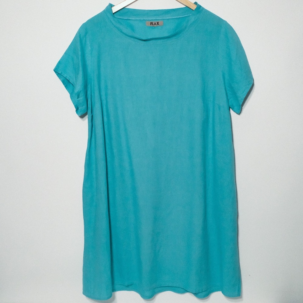 FLAX Linen Dress Turquoise Cottagecore Lagenlook Boho Beach Shift Tunic XL
